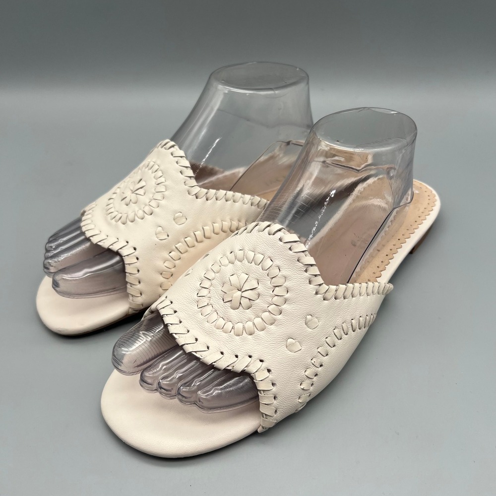 Jack Rogers Jacks Flat Sandal Womens 11 Ivory Leather Whipstitch Slide EUC